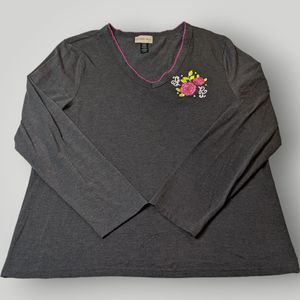 Through The Country Door Women's XL Long Sleeve V-Neck Top Gray Pink Flowers